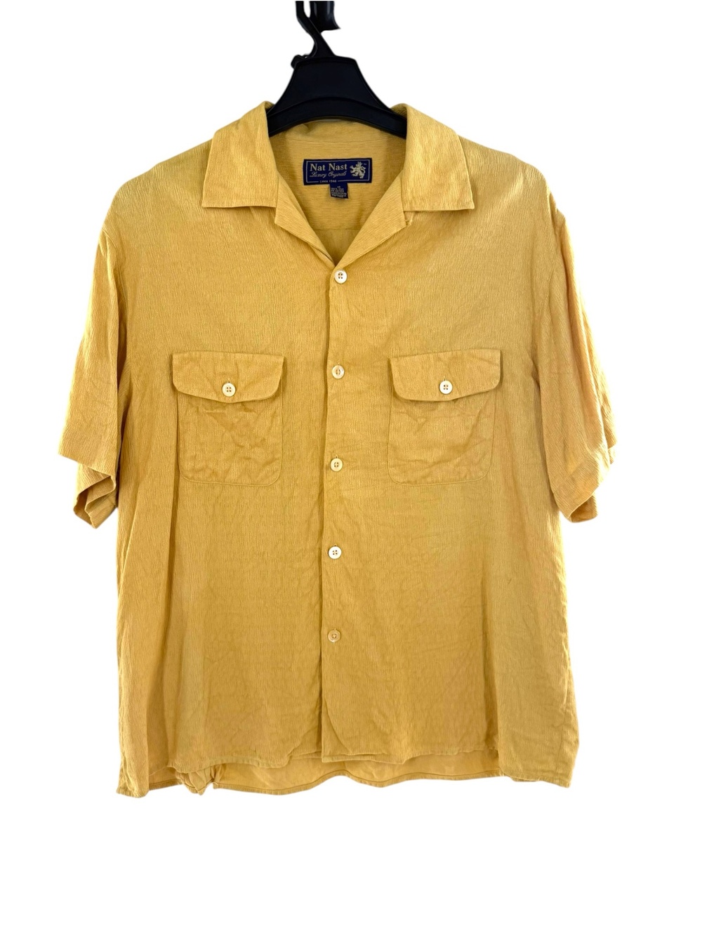 Nat Nast Shirt Retro Mens M Yellow Silk Button Up Short Sleeve Bowling Soprano